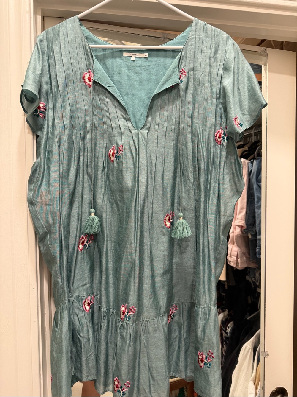 Tularosa - Embroidered Teal Tassel Tunic Dress